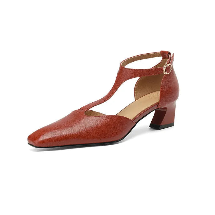 Wine red sheepskin leather square toe high heels with a chunky heel and silver buckle closure.