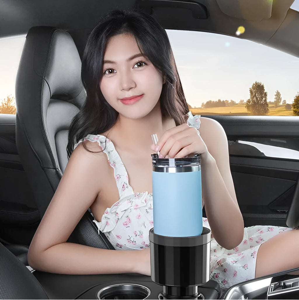 Matte black car cup holder expander with adjustable base for oversized bottles and cups