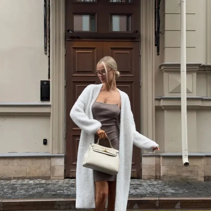 White thick knitted women's cardigan jacket with 105cm length and loose fit