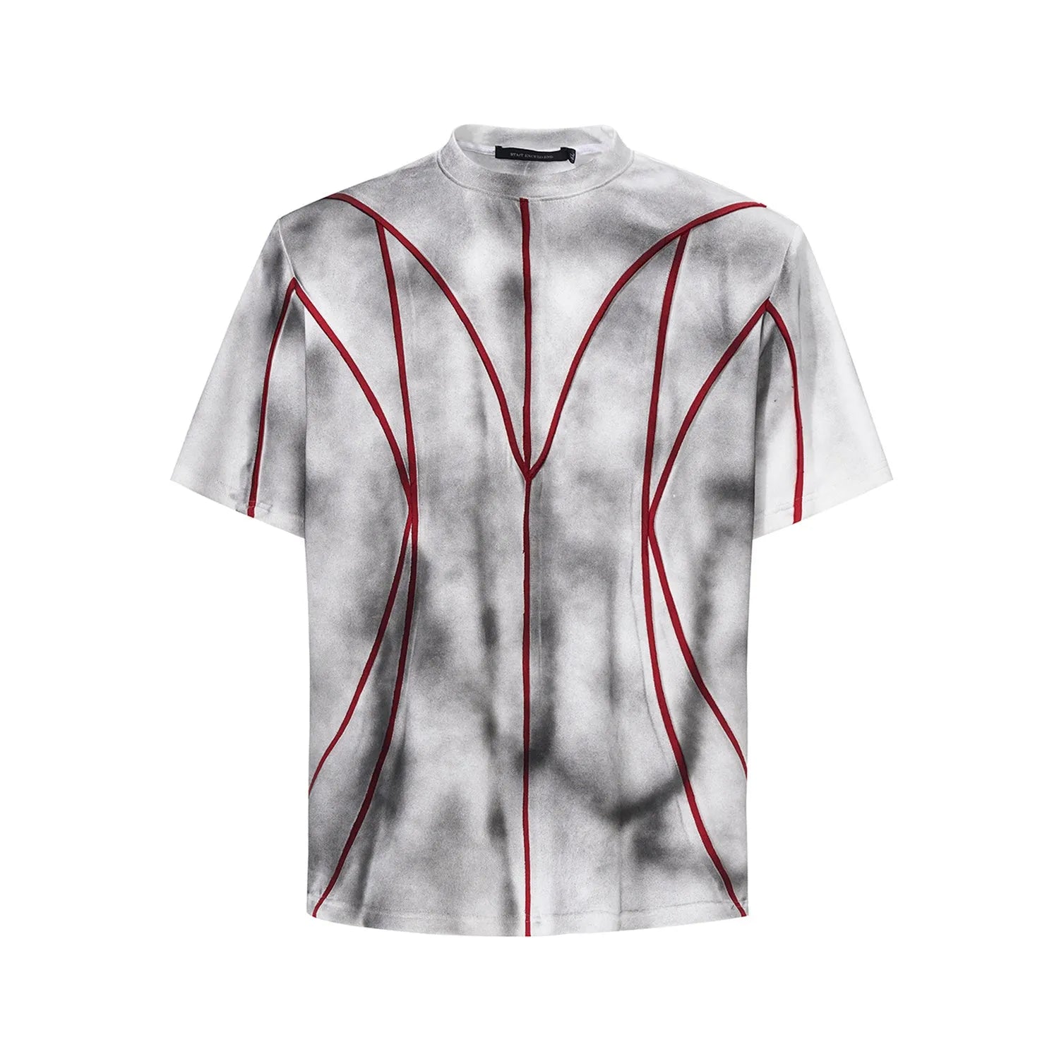 Women's grey padded shoulder t-shirt with textured patchwork design on the front.