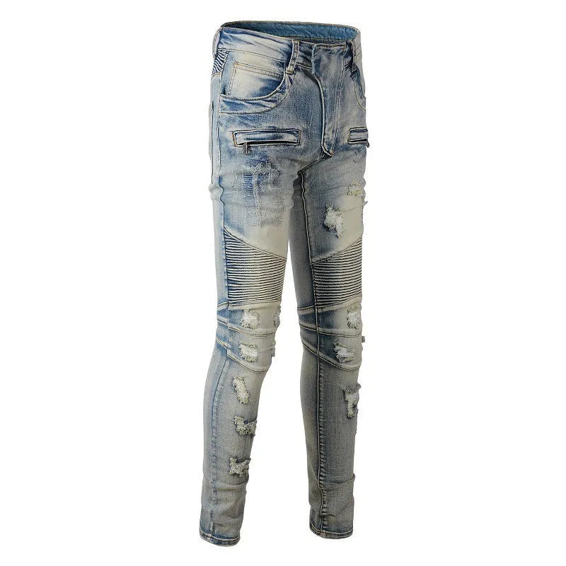 Light blue men's slim-fit distressed jeans with hand-frayed details on a mid waist and straight leg.