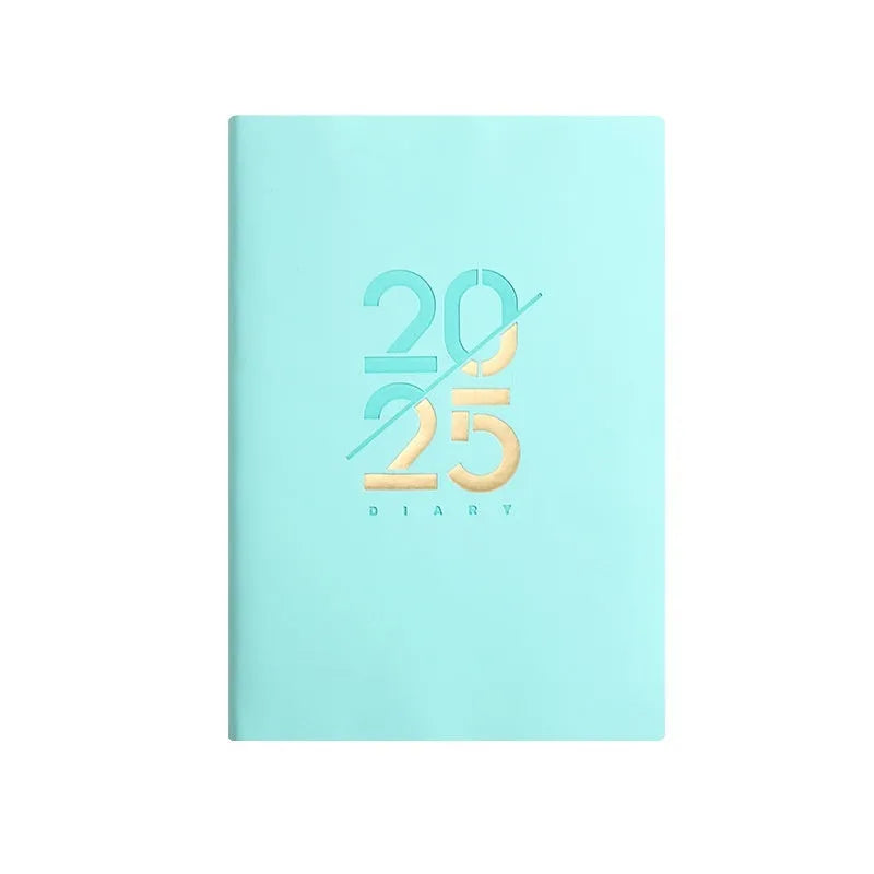 A5 daily schedule book with soft faux leather cover, open to show thread-bound 150 pages.
