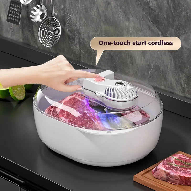 Household aluminium quick defrosting plate device on a kitchen countertop.