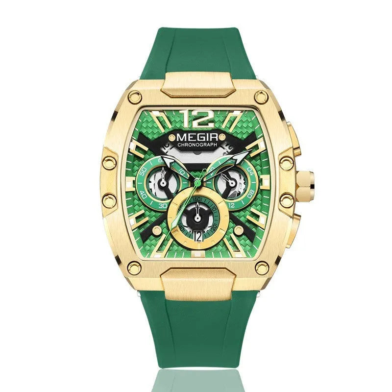 Men's sports watch with 44mm dial, 14mm thickness, wine barrel design, available in four colour combinations.