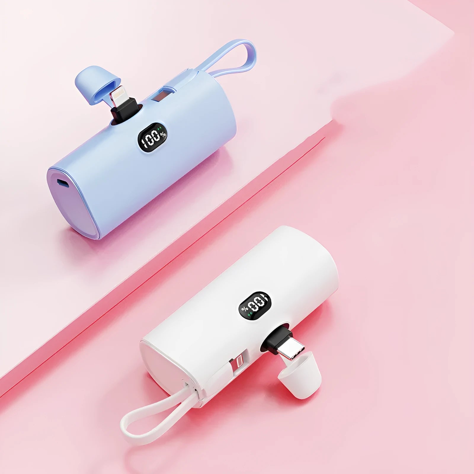 Digital display wireless pocket power bank with built-in plug showing compact dimensions