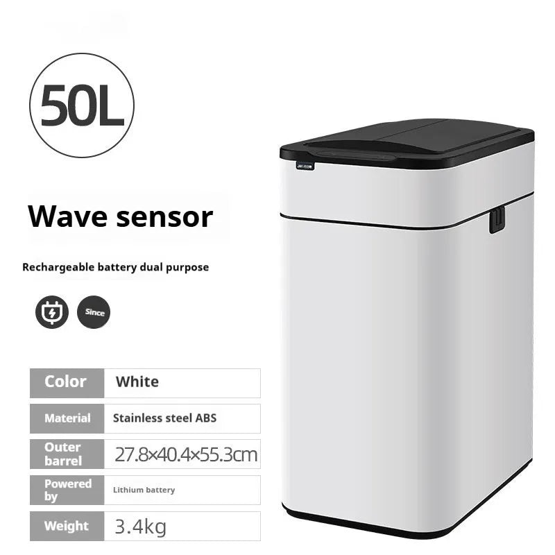 Square stainless steel inductive smart trash can with sensor lid.