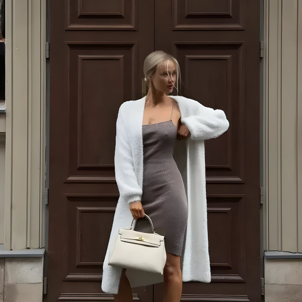 White thick knitted women's cardigan jacket with 105cm length and loose fit