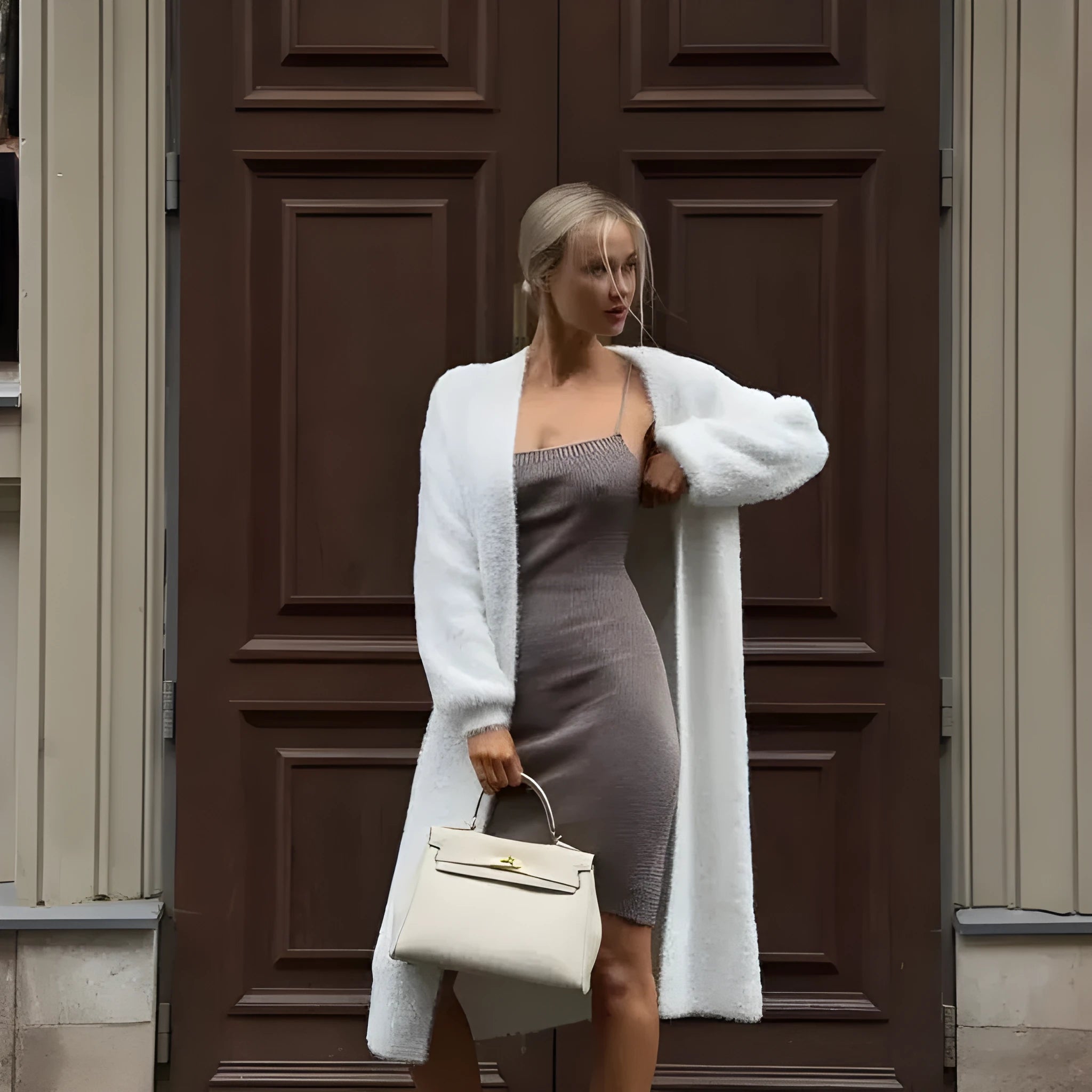 White thick knitted women's cardigan jacket with 105cm length and loose fit