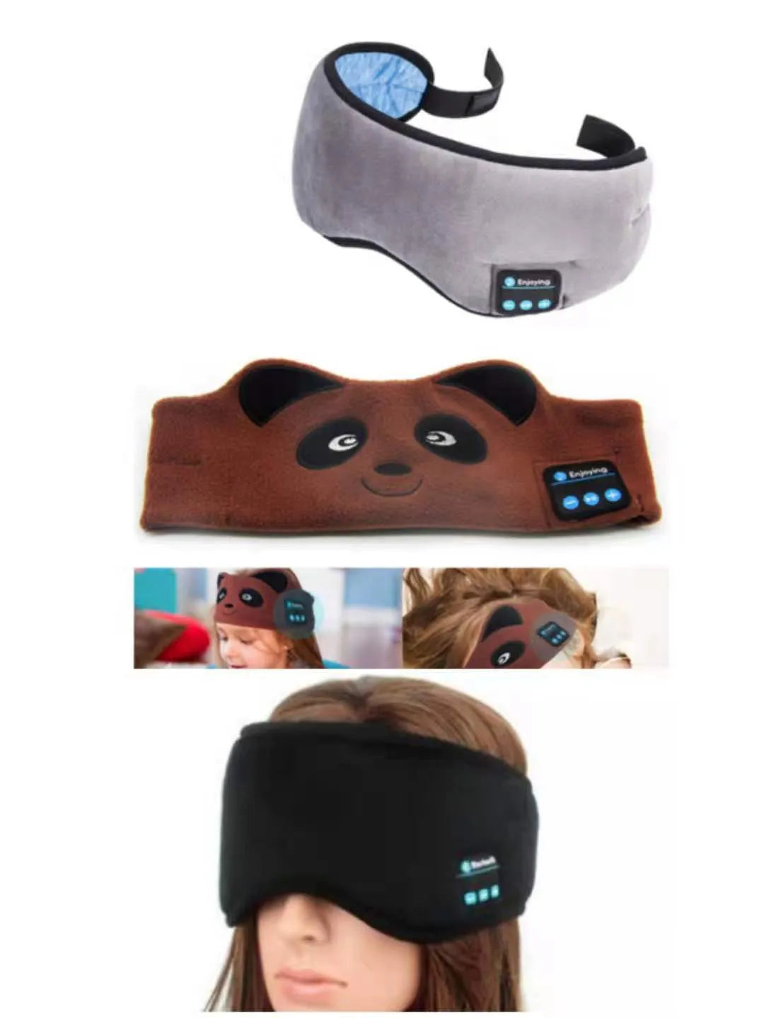 Black Bluetooth music sleep eye mask with built-in headphones shown in head-mounted position