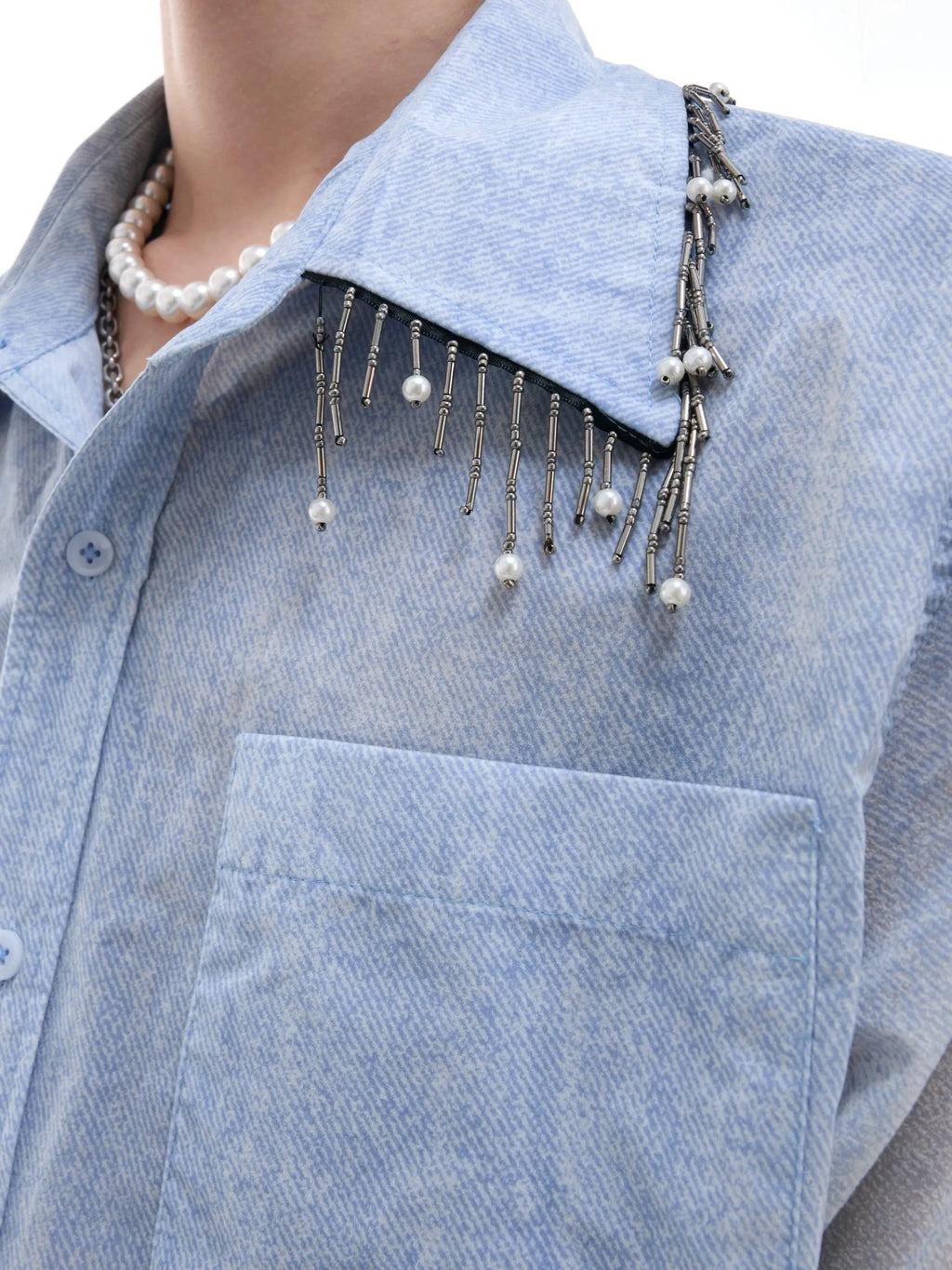 Blue and white gradient loose fit short sleeve men's casual shirt on a hanger