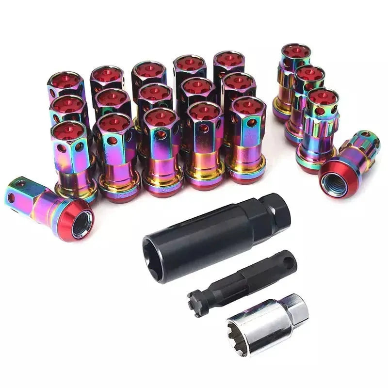 Universal aluminium alloy wheel hub nuts in multiple colour options with flat head design
