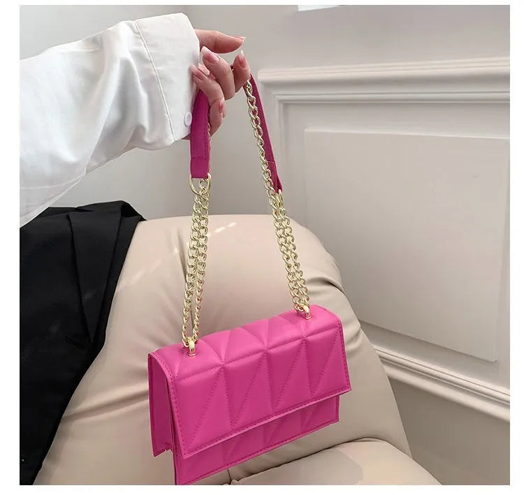 Small square PU crossbody bag with chain strap, 22cm wide, in white black green rose red or orange