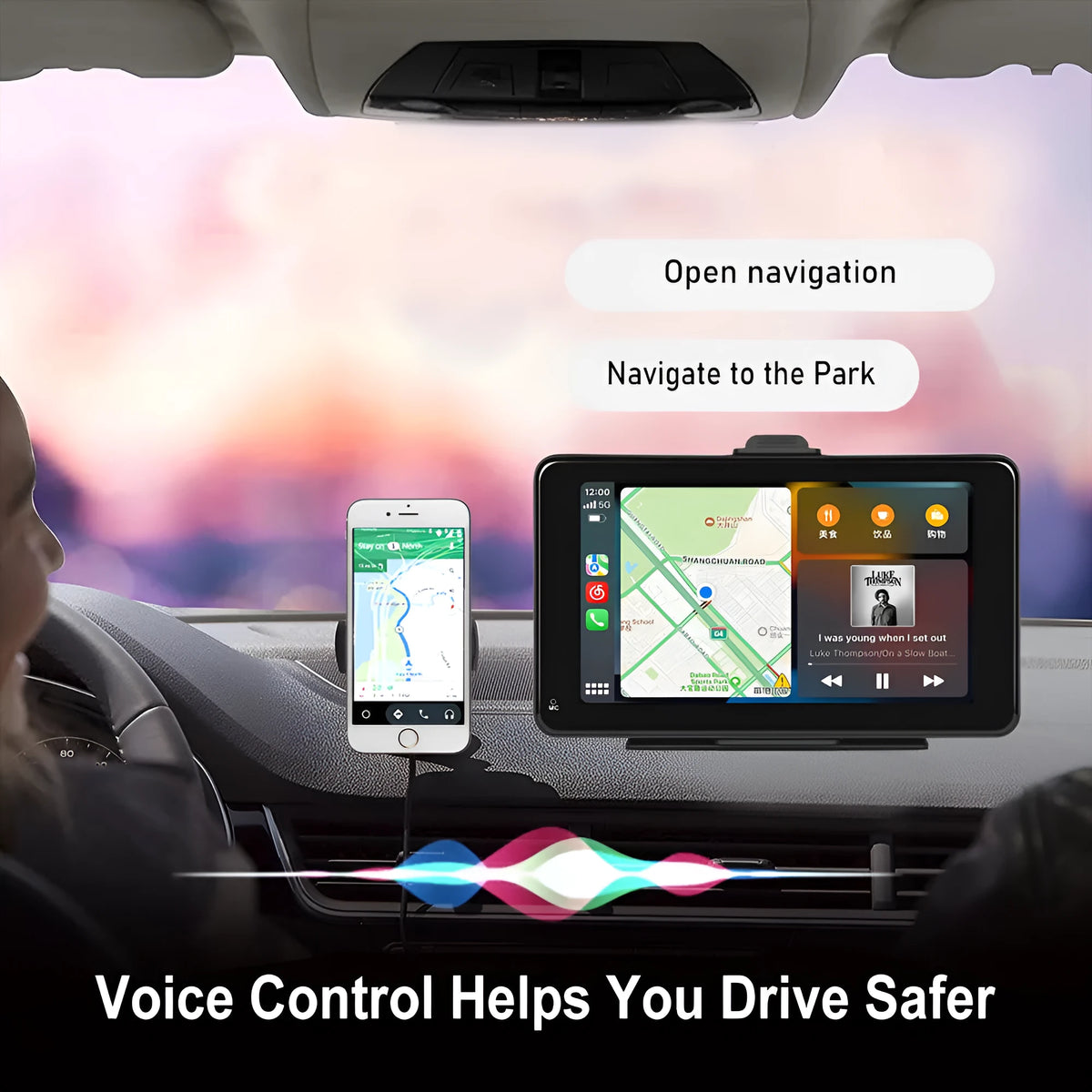 7-inch HD wired screen car player with universal mounting supports and connectivity cables