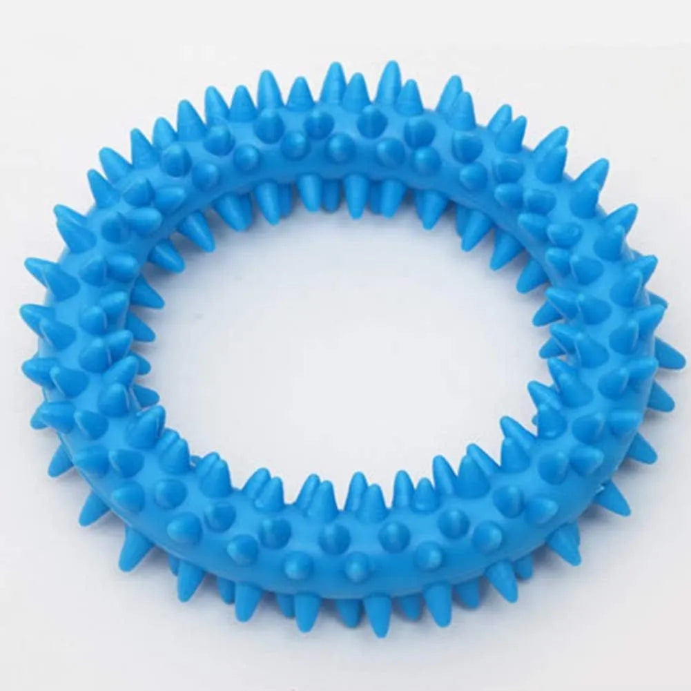 TPR spiky circle ring dog chew toy in blue, green, light blue, pink, rose red, or yellow, 9.5 cm diameter