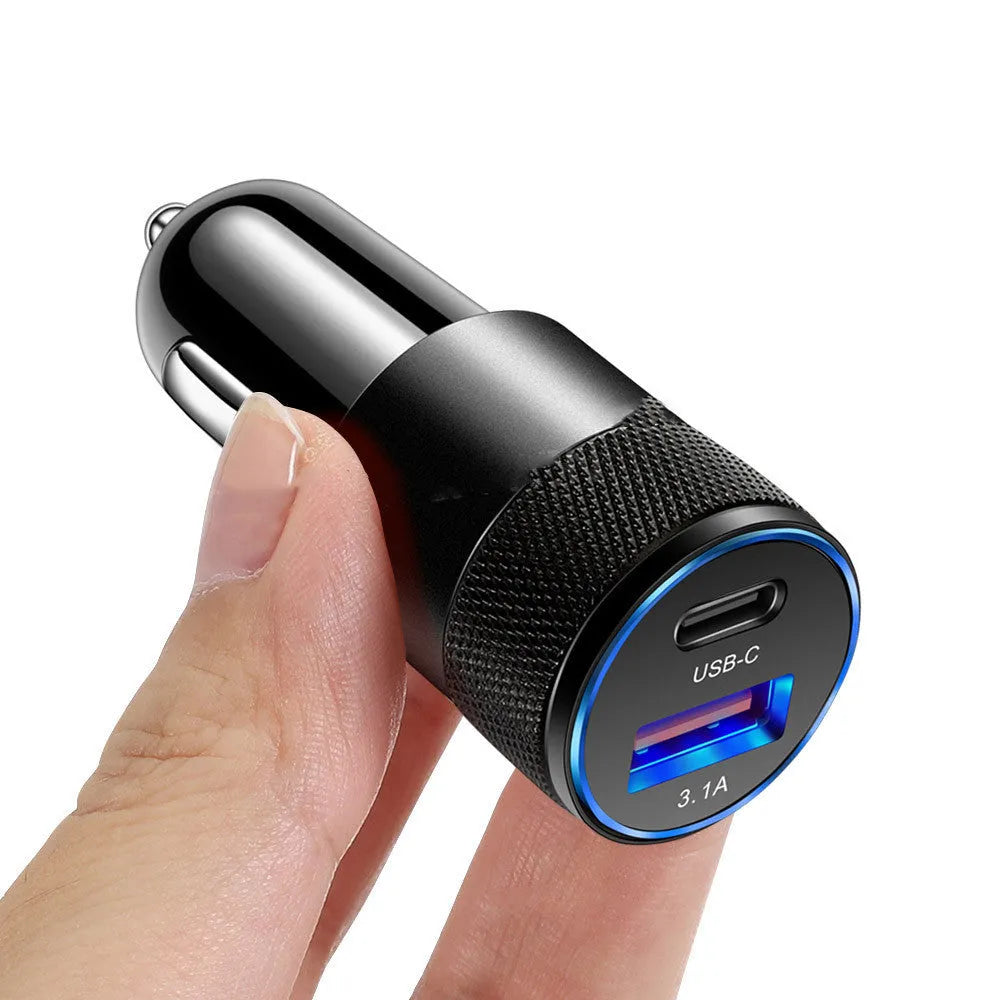 Aluminium alloy 12V car charger with ABS casing in black or black silver finish