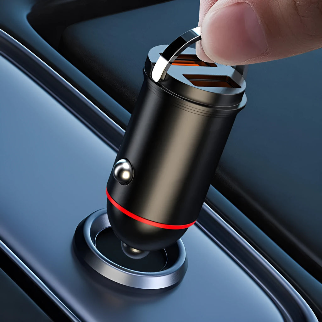 Black zinc alloy 200W car charger with USB port measuring 38x21x21mm
