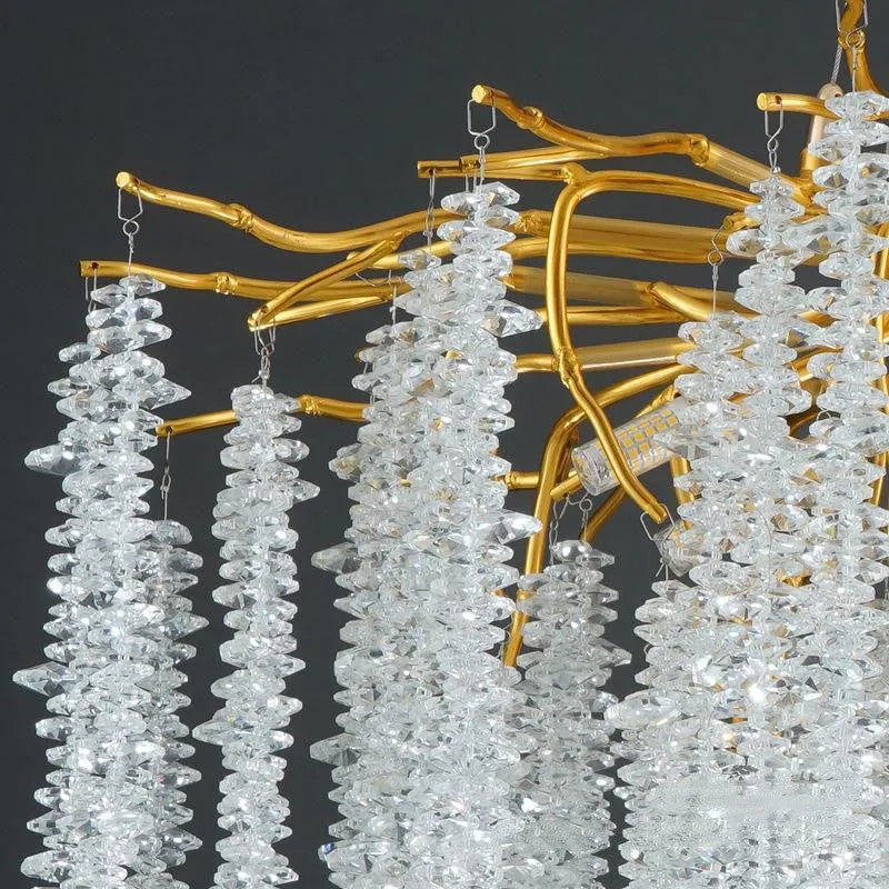 Crystal chandelier light with aluminium alloy body and LED illumination in multiple size configurations