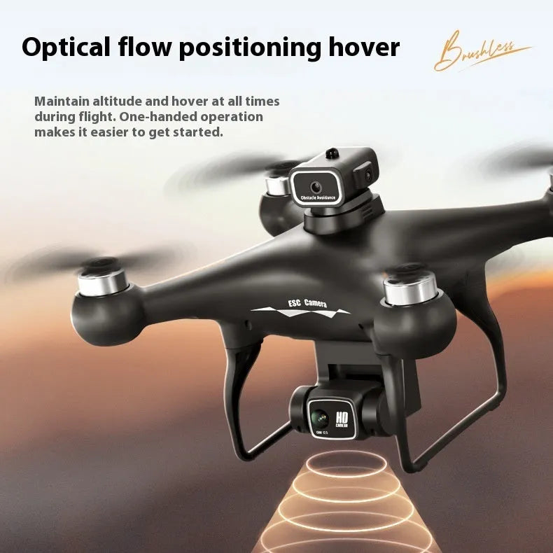 Black HD brushless UAV drone with four propellers, remote control, battery, and camera shown on a white background.