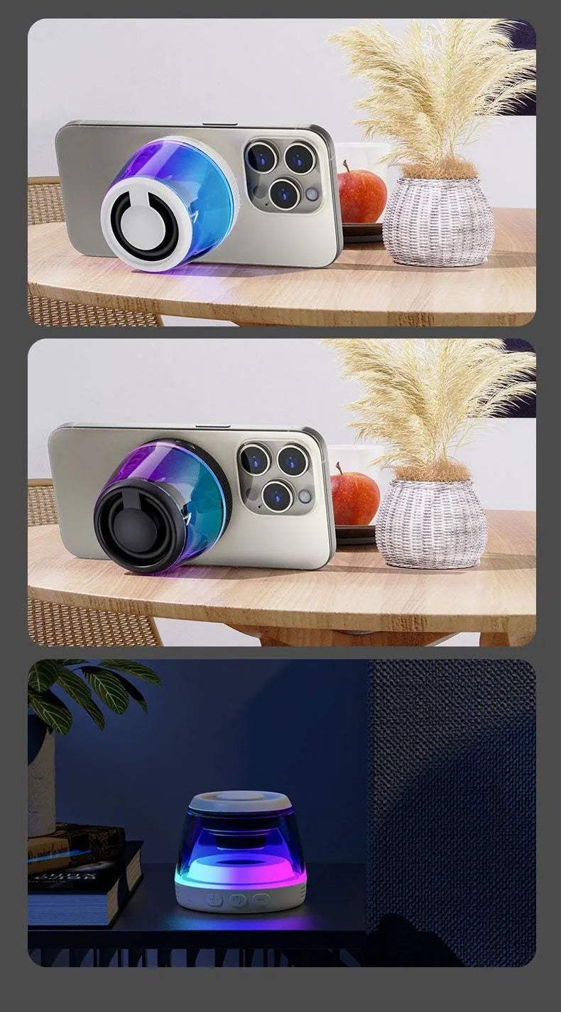 Black and white portable Bluetooth speaker with LED ambient lighting effects and magnetic base.