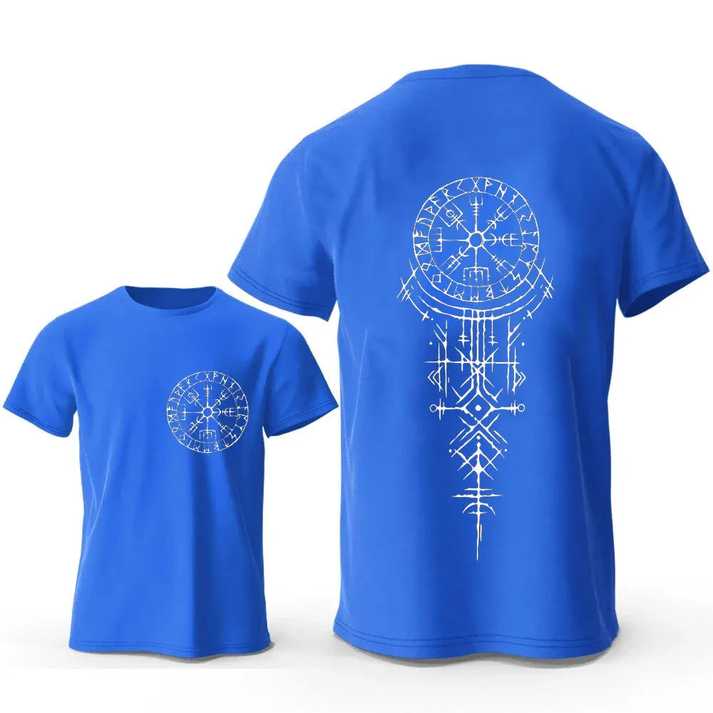 Men's grey cotton T-shirt featuring a detailed Viking rune compass graphic on the chest.