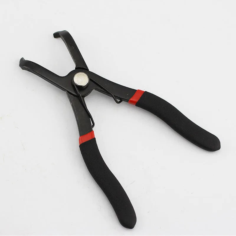 Red interior round nail removal pliers with adjustable jaws for door panels.