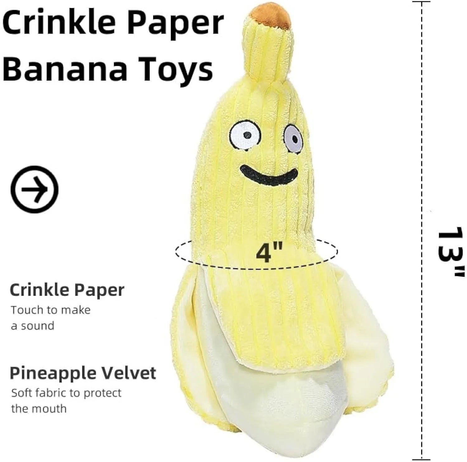 Yellow banana-shaped plush cat toy with crinkle paper and velvet texture strip