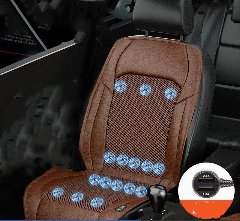 Car seat cooling cushion with ventilation grid and fan unit, shown in black colour