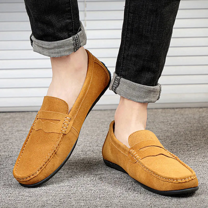 Men's suede loafers in multiple colours with slip-on design and round toe