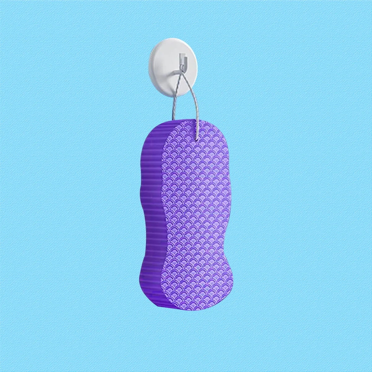 White 3D fish scale pattern bath sponge ball with hanging loop on a grey background.
