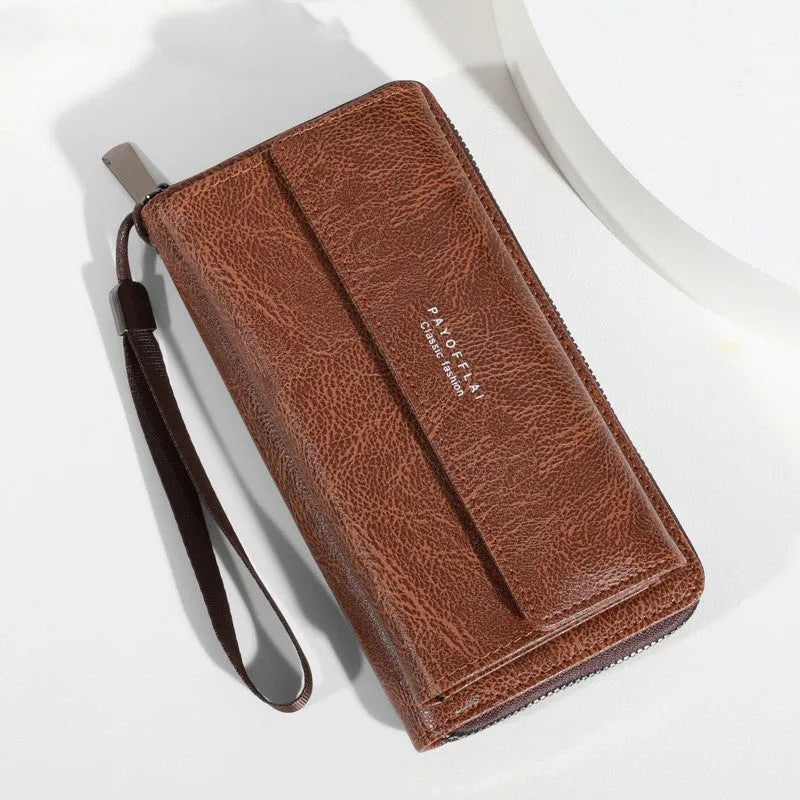 Men's long PU leather wallet in black, brown, and coffee, showing multiple card slots.