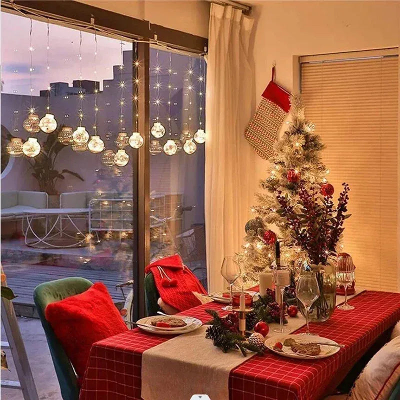 10-piece LED Christmas curtain light string with snowman, elder, and Christmas tree wishing ball designs.