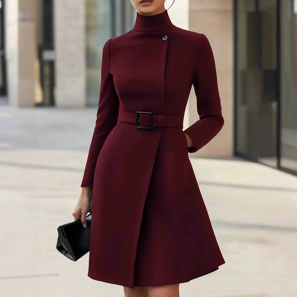 Women's long sleeve Bohemian style dress with stand collar and high waist in black colour