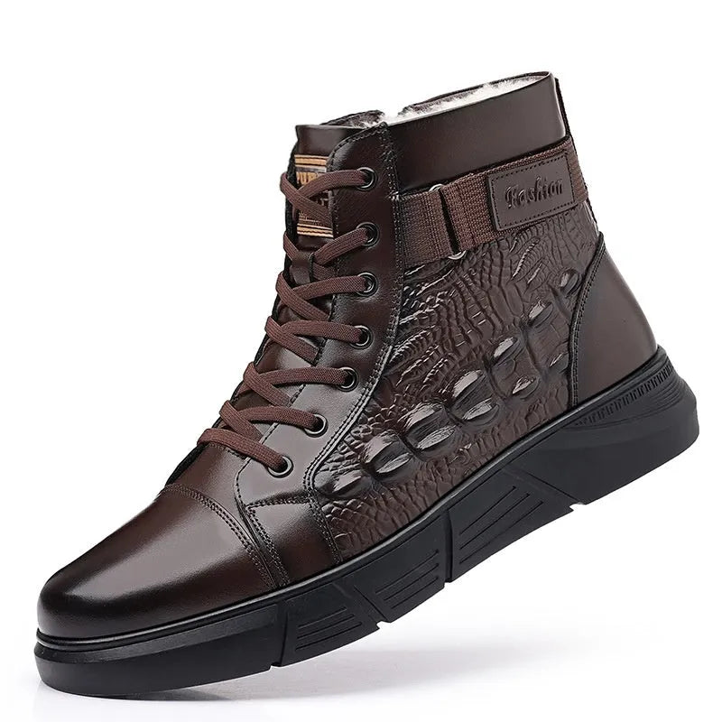 Men's black genuine leather snow boots with integrated fur trim and lace-up front.