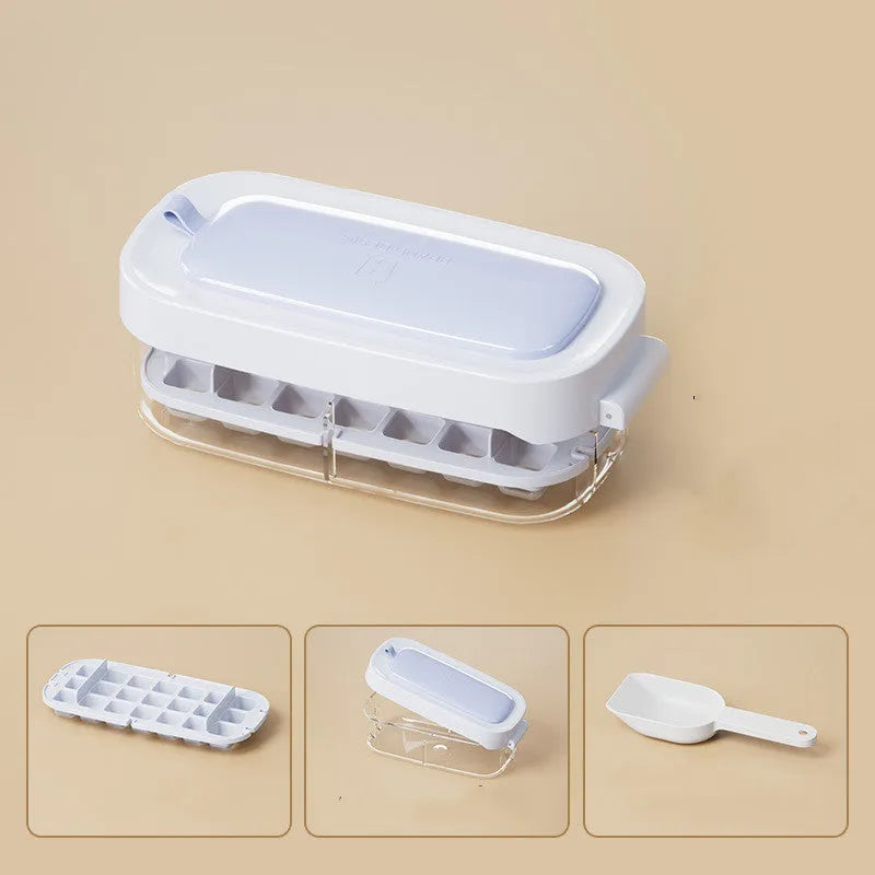 Food-grade plastic high capacity ice cube tray with grid and stored ice shovel in blue colour.