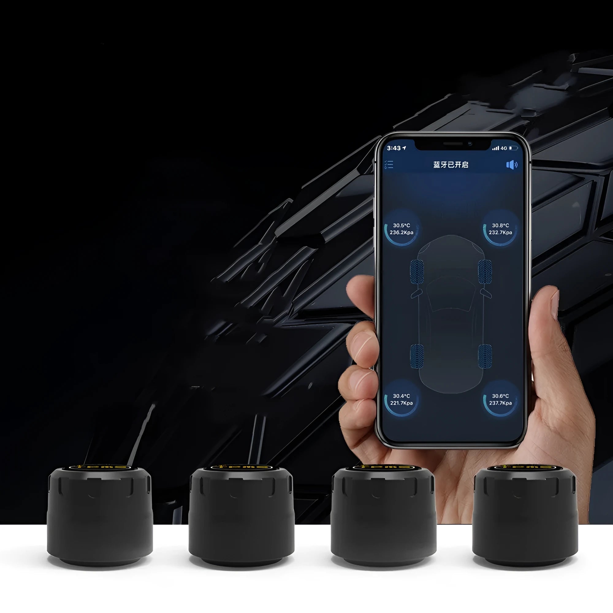Bluetooth 5.0 external tyre pressure monitoring system kit with four sensors, a wrench, and anti-theft screws.