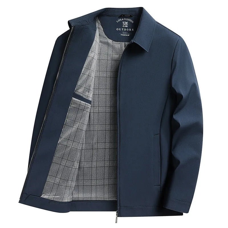 Men's solid colour casual jacket with polo collar and side seam pockets in polyester fabric