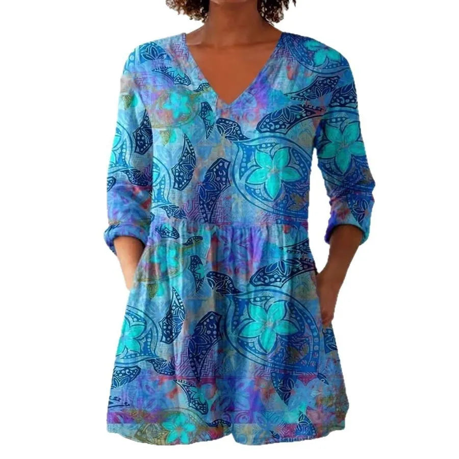 Women's retro slim fit printed long-sleeved polyester top in various colour options