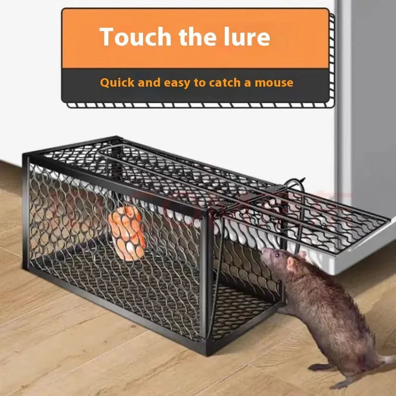 Automatic reusable mouse trap shown in small, medium, and large sizes with metal and plastic variants.