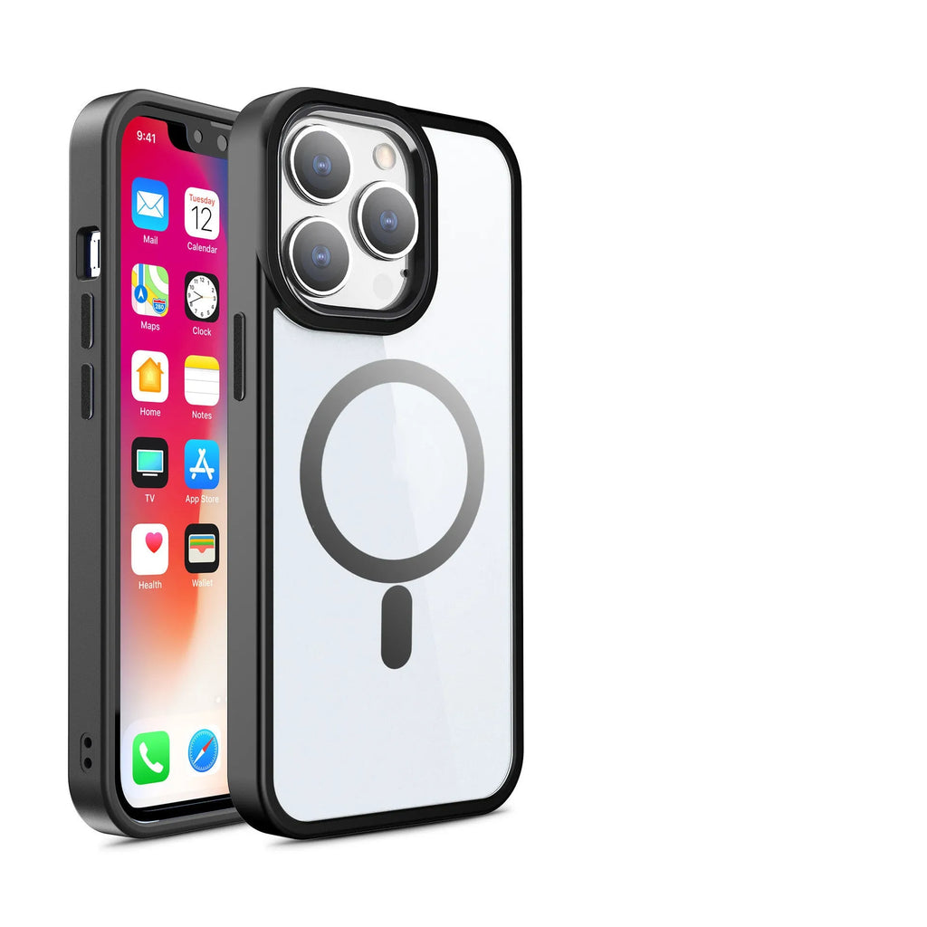 Transparent magnetic silicone iPhone case showing colour options including green, red, and blue