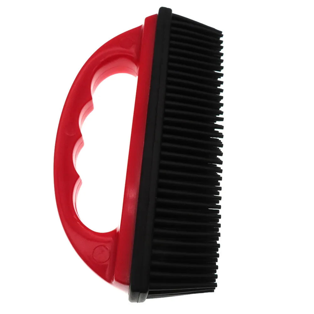 Red pet bath massage brush measuring 160mm by 85mm with multifunctional carpet cleaning capability