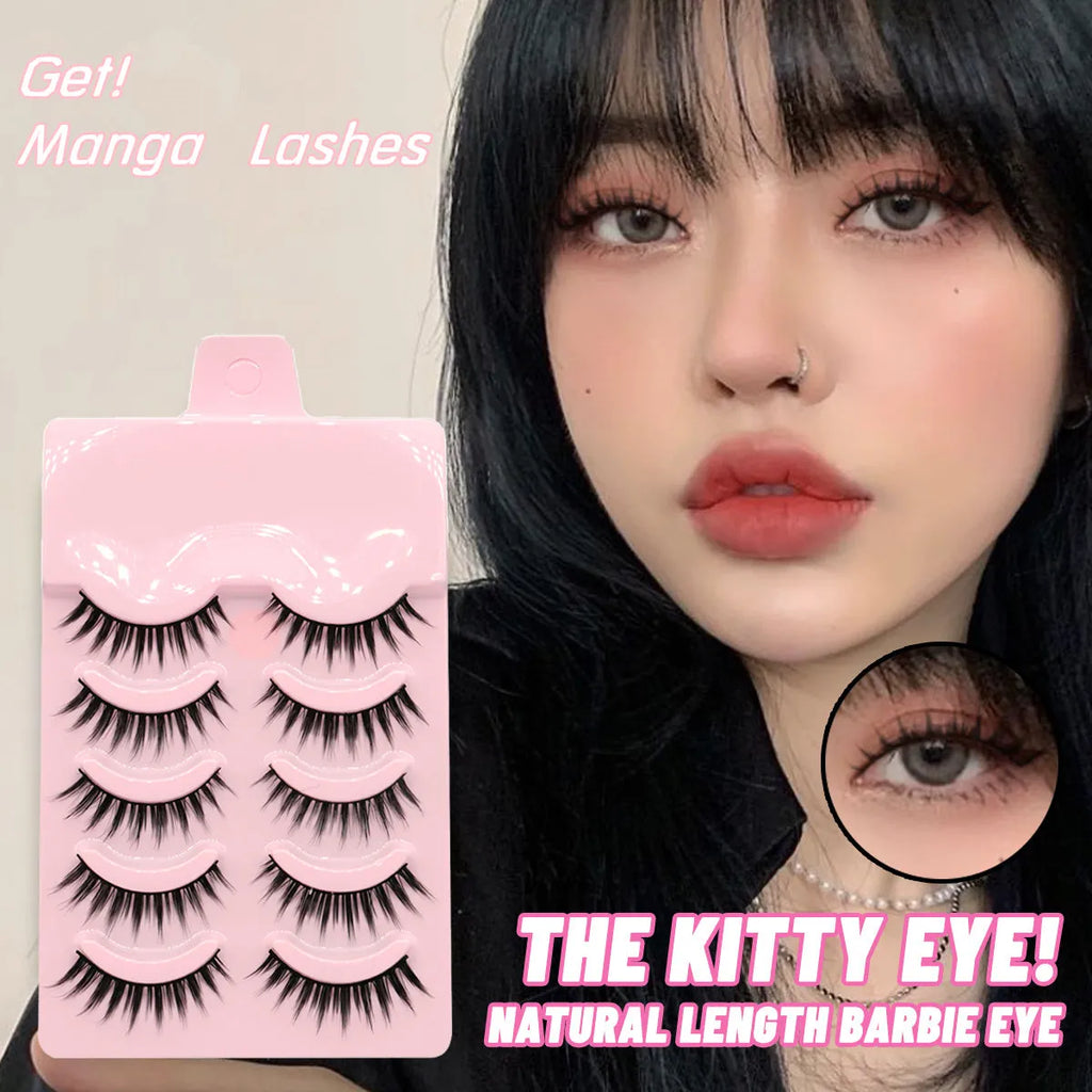 Set of manga-style false eyelashes in three wispy styles 007, 008, and 009 with black plastic bands.