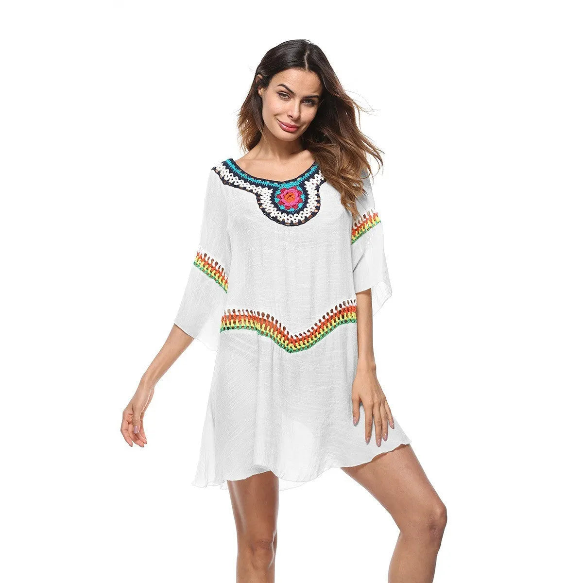 Women's crocheted ethnic style sun protection clothing in apricot, black, sapphire blue, and white for beach swimming