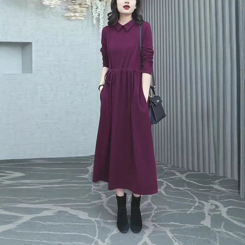 Purplish red solid colour plus size women's dress with long sleeves and long skirt for autumn winter.