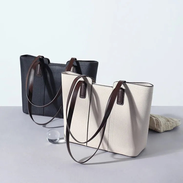 Women's genuine leather commuter shoulder bag in box-type shape with large capacity and urban simplicity design