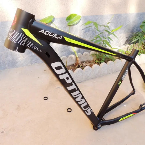 Black Green 29-inch aluminium mountain bike frame with internal cable routing and disc brake mount.