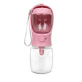 Blue portable plastic dog water bottle with integrated drinking trough for outings.
