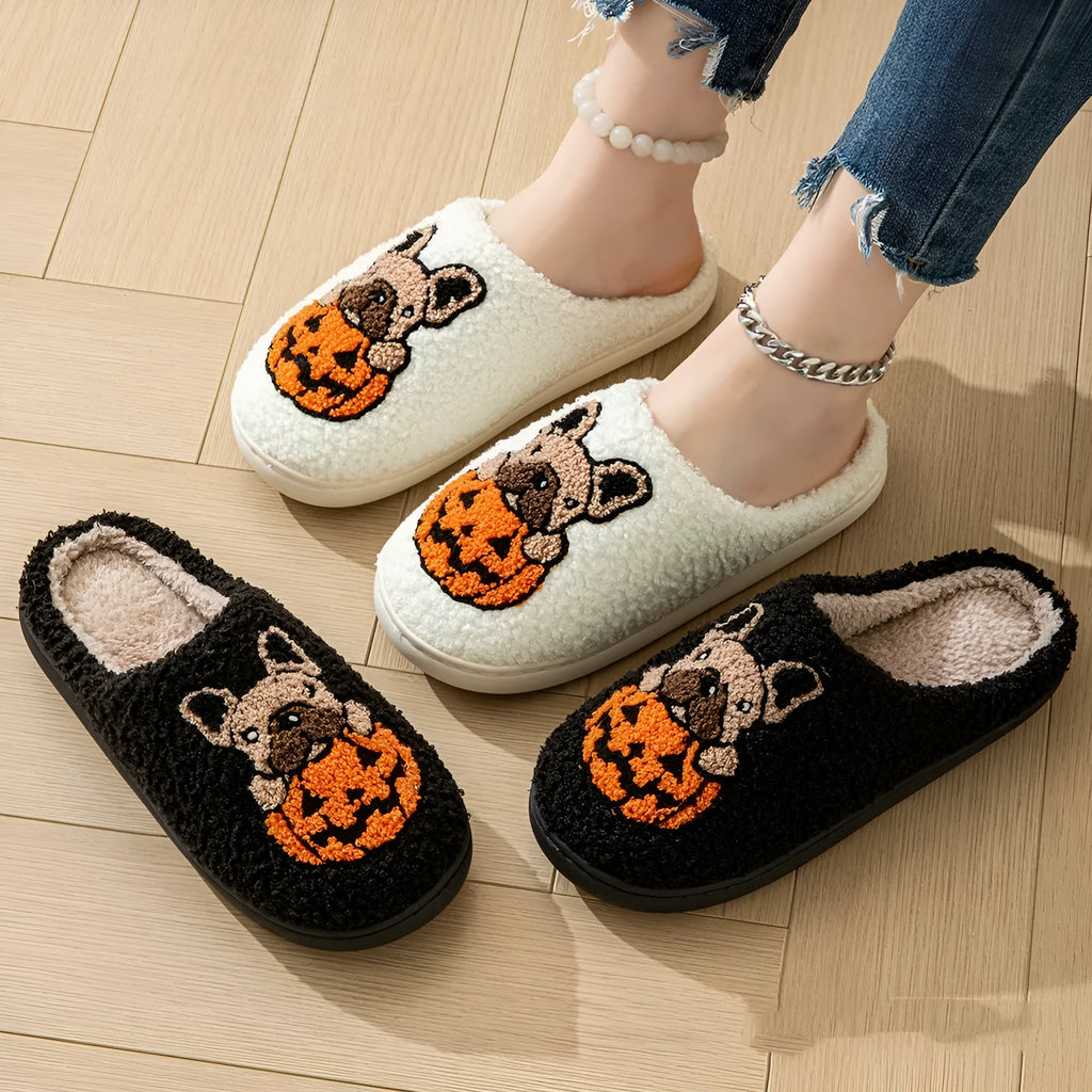 Black and white Halloween pumpkin slippers with plush cotton upper and non-slip rubber soles