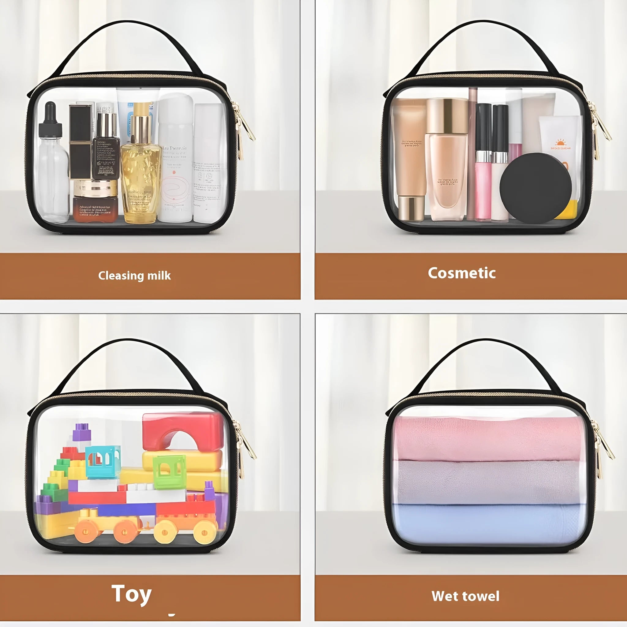 Transparent PVC wash bag with chain handle showing lipsticks inside, available in multiple colours