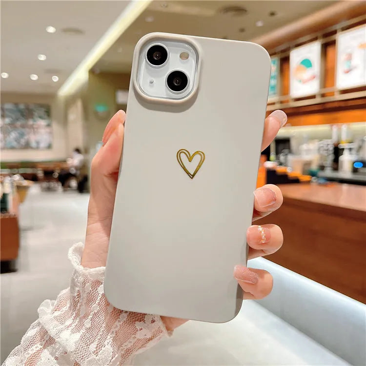 Soft grey silicone iPhone case with a hot stamped Love design, shown fitted on a phone.