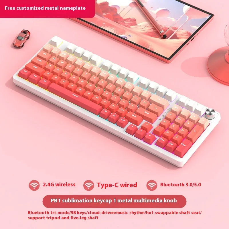 98 key wireless Bluetooth mechanical keyboard kit with metal knob on desk